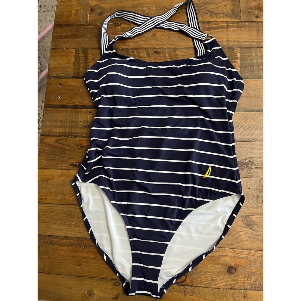 NAUTICA One Piece Swimsuit Striped Nautical Women XL Navy Blue Preppy Swimwear